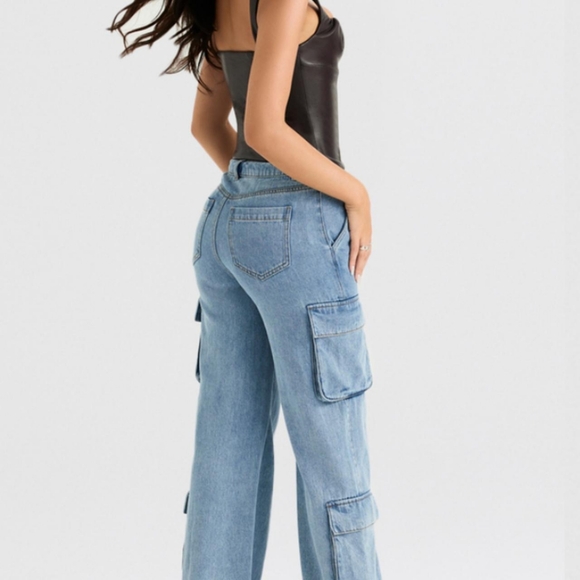 HOUSE OF CB Ria Cargo Jeans Washed Utility Pocket Blue Pant Size Medium M - Picture 4 of 13